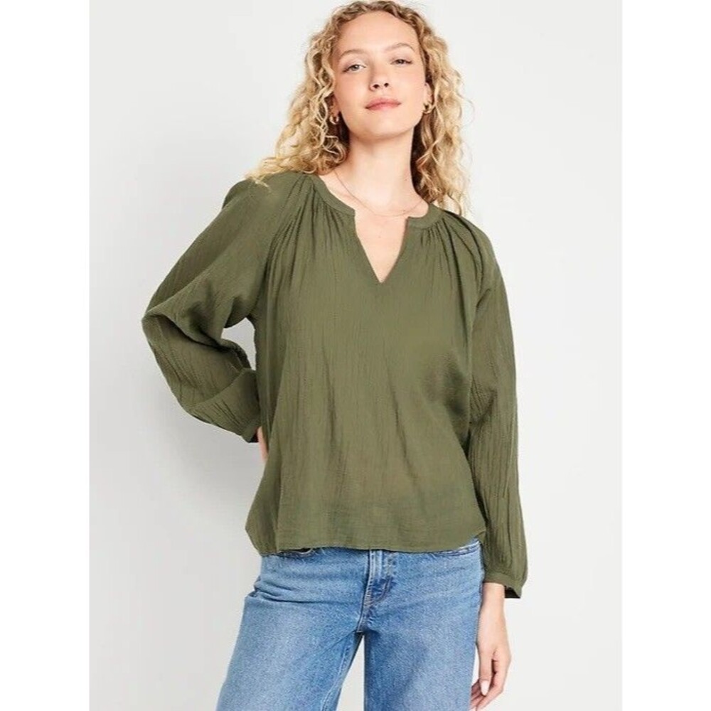Old Navy Split-Neck Crinkle Gauze Long Sleeve blouse top women large dark green